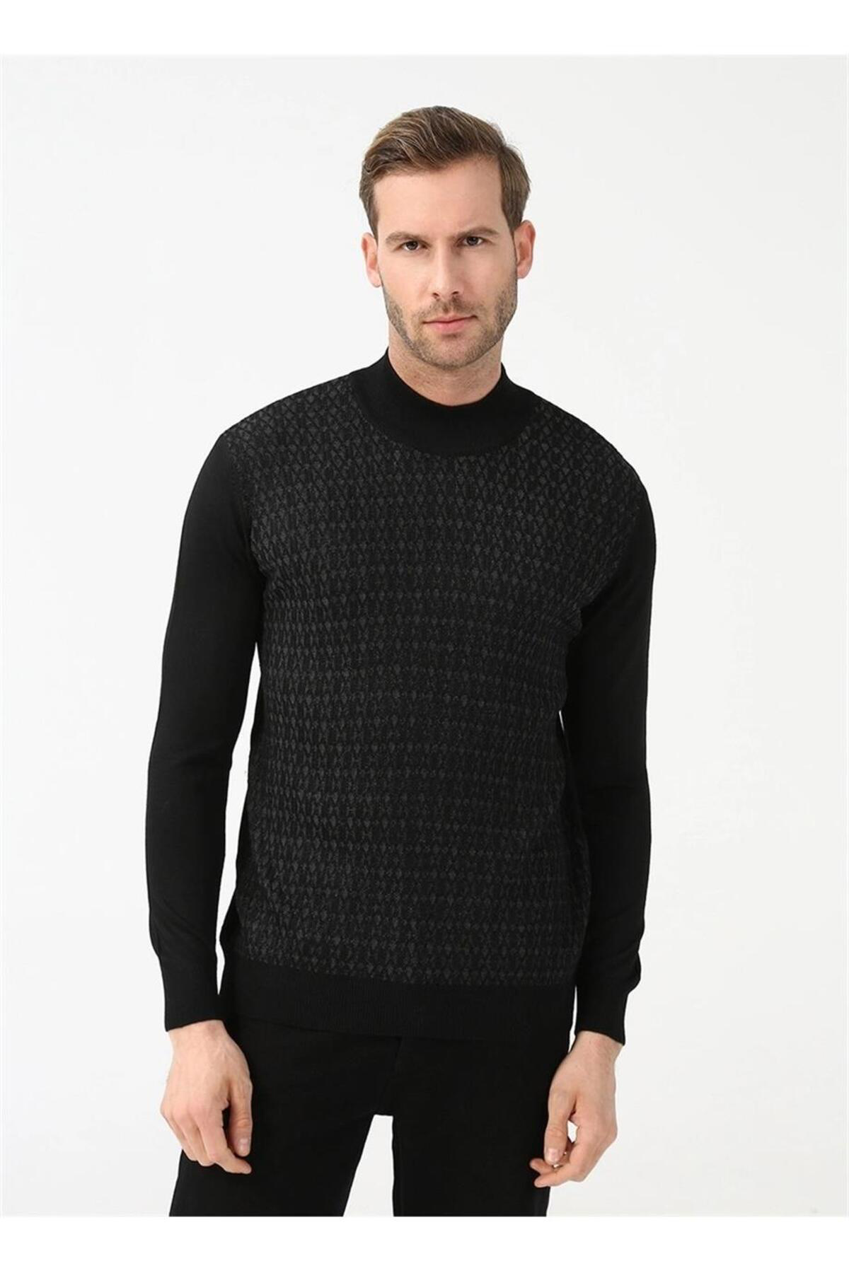 Süvari Süvari Desenli Siyah Yarım Kol Balıkçı Yaka Erkek Triko