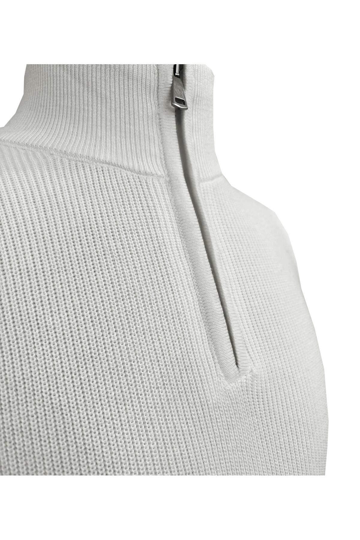 Süvari Süvari Dik Yaka Yarım Fermuarlı Beyaz Örgü Triko