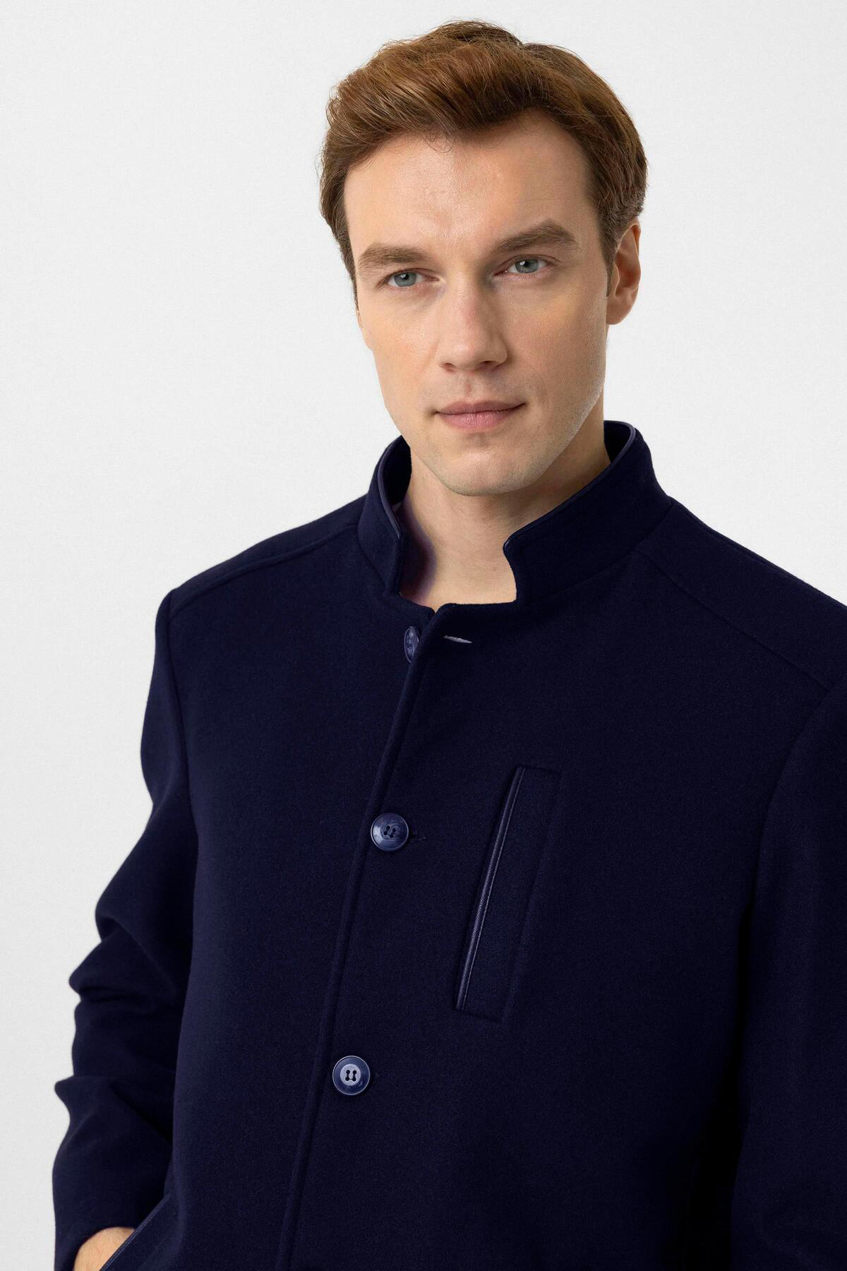 Süvari Süvari Hakim Yaka Battal Kalıp Lacivert Düz Kaban