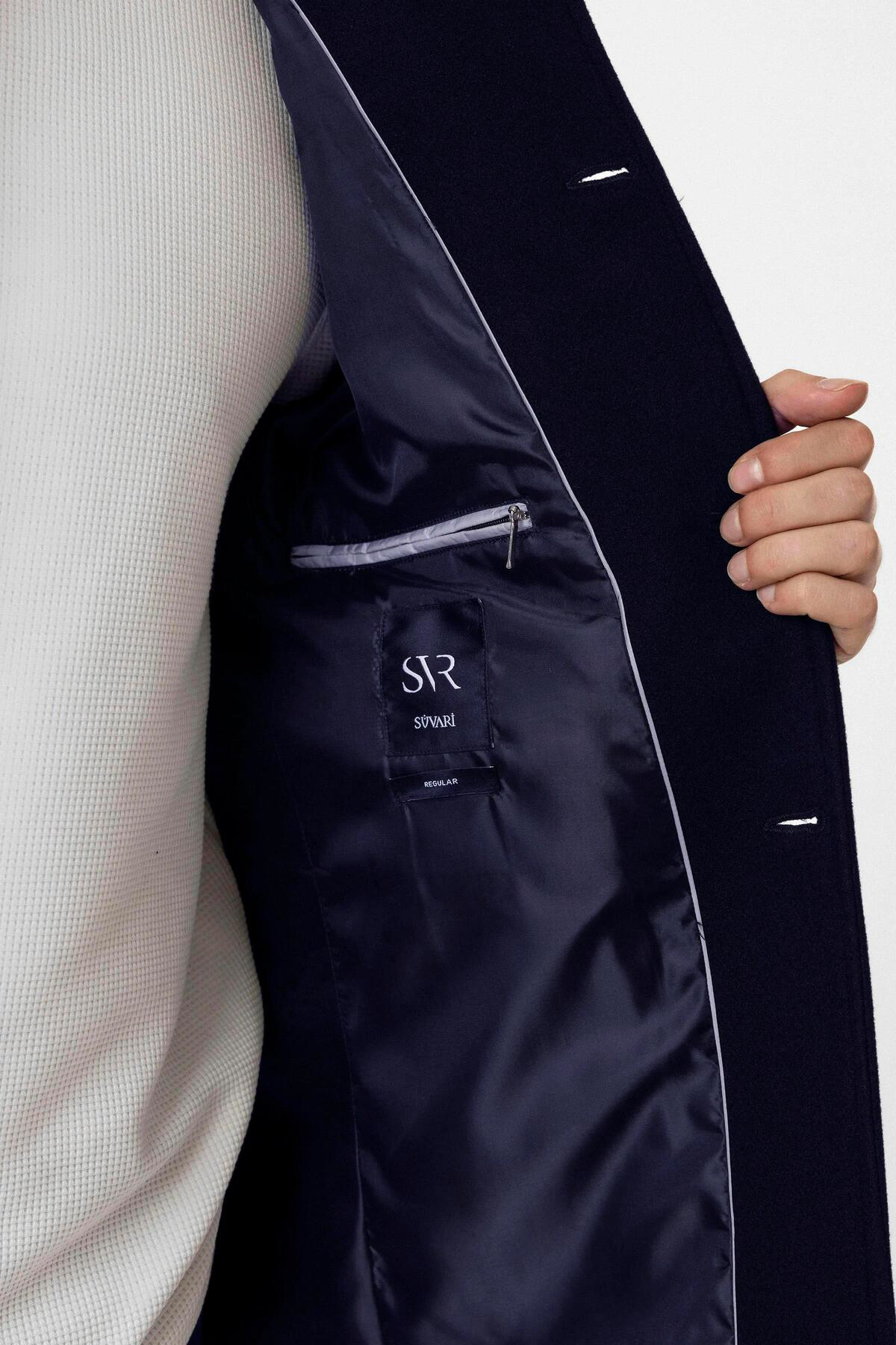 Süvari Süvari Hakim Yaka Battal Kalıp Lacivert Düz Kaban