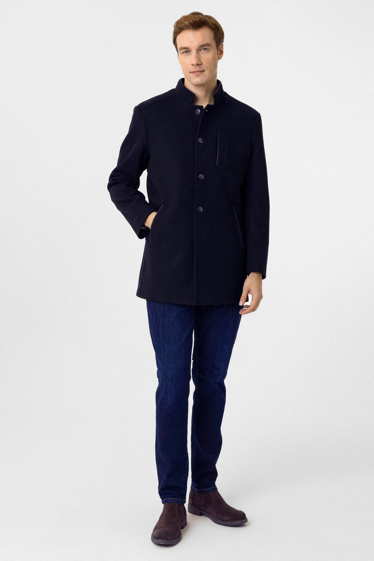 Süvari Süvari Hakim Yaka Battal Kalıp Lacivert Düz Kaban