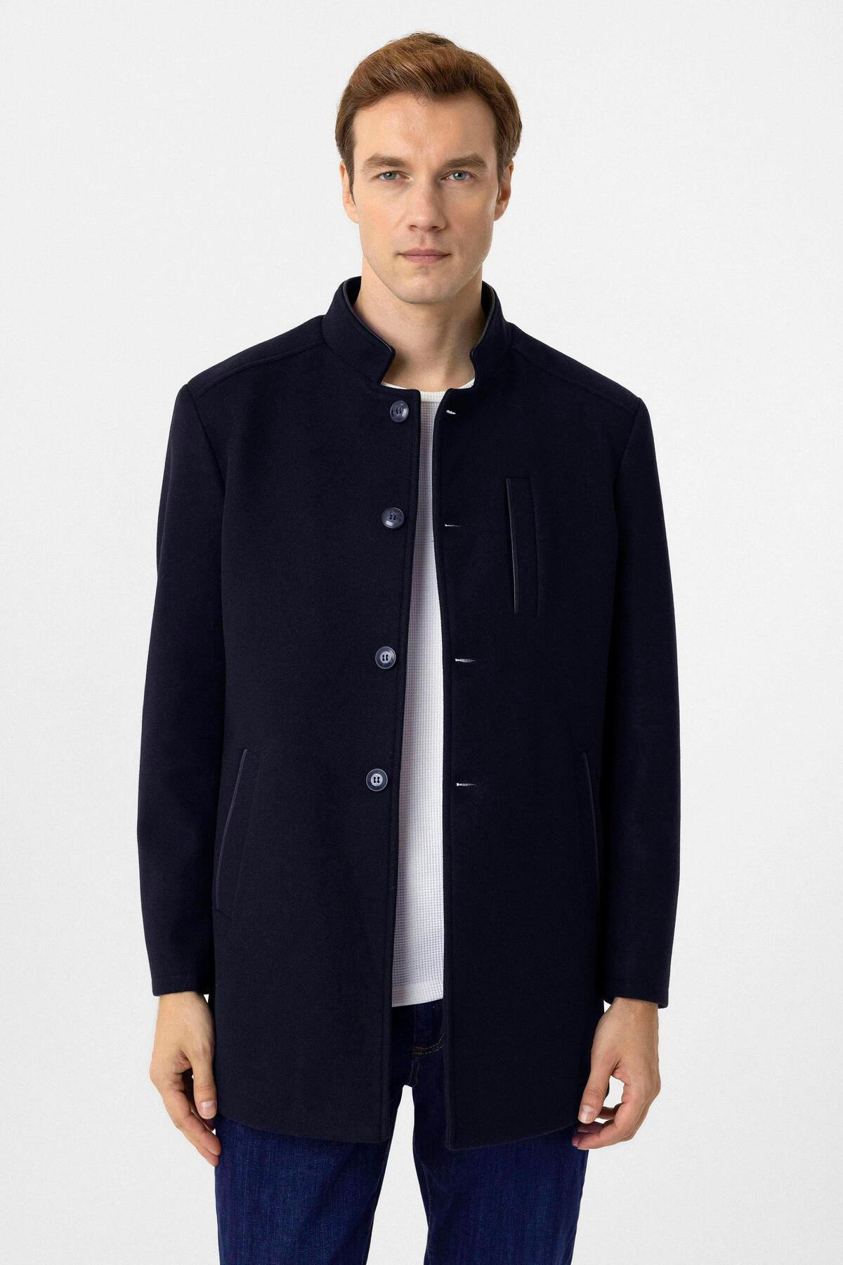 Süvari Süvari Hakim Yaka Battal Kalıp Lacivert Düz Kaban