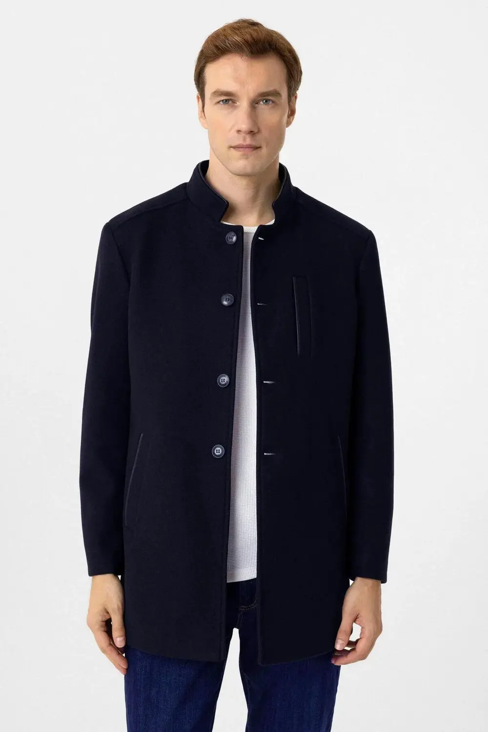 Süvari Hakim Yaka Battal Kalıp Lacivert Düz Kaban