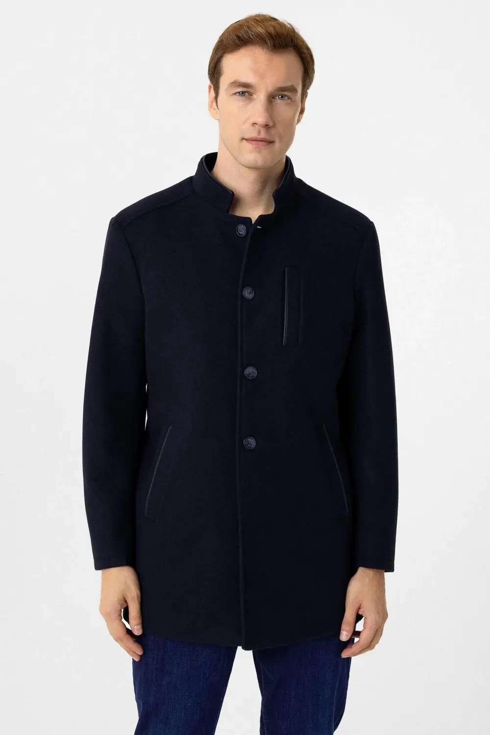 Süvari Hakim Yaka Battal Kalıp Lacivert Düz Kaban