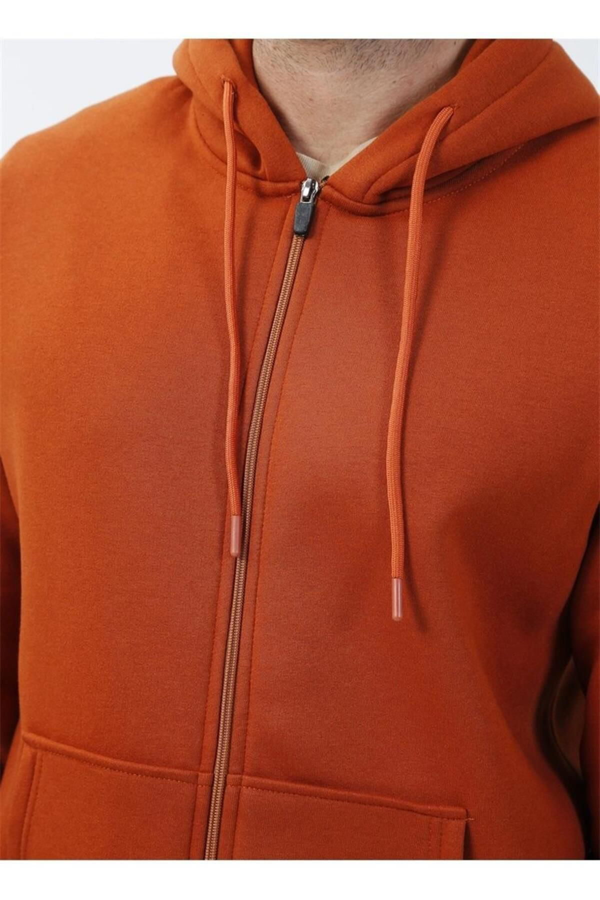 Süvari Kapüşonlu Fermuarlı Yaka Regular Kalıp Düz Kiremit Sweatsh