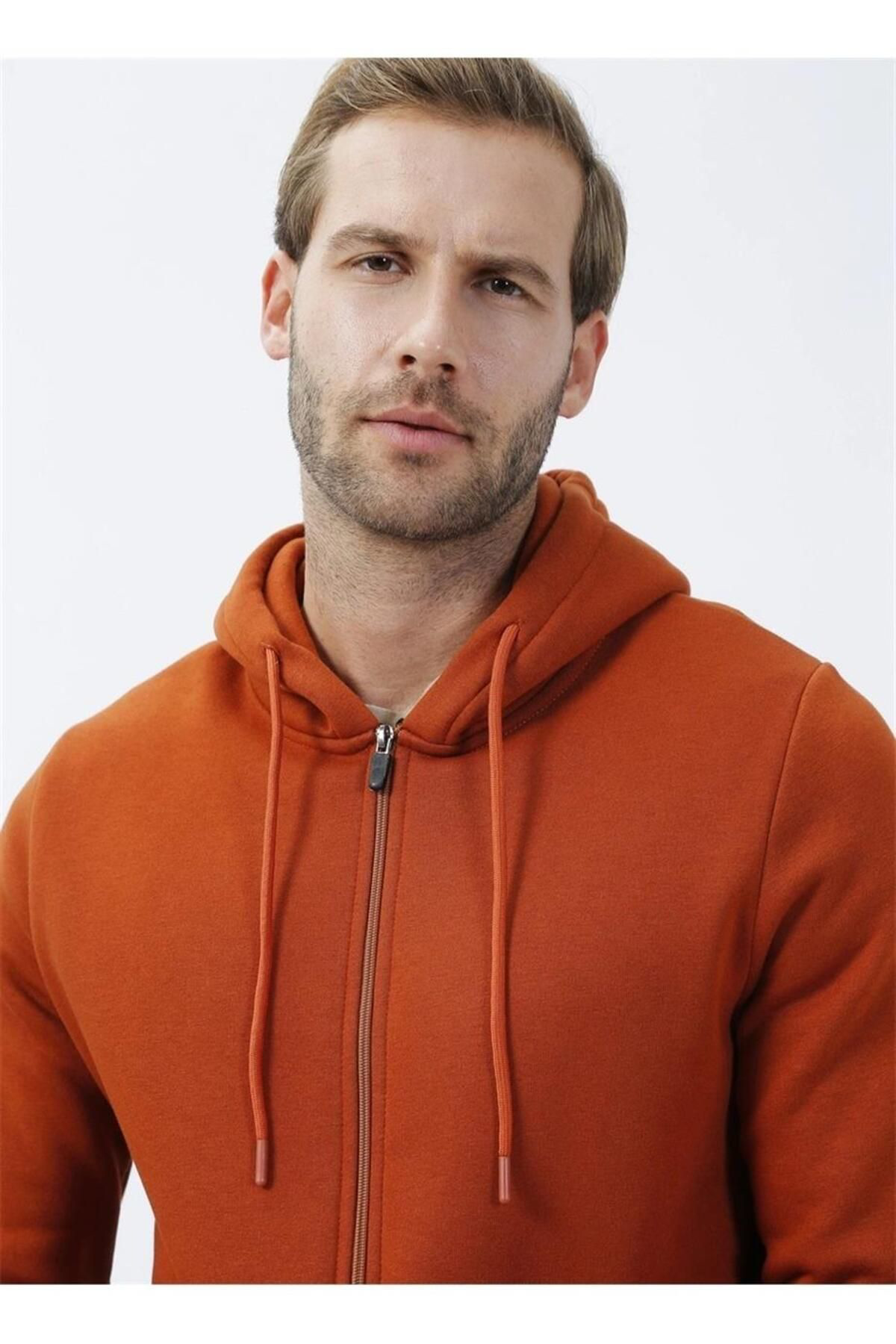 Süvari Kapüşonlu Fermuarlı Yaka Regular Kalıp Düz Kiremit Sweatsh