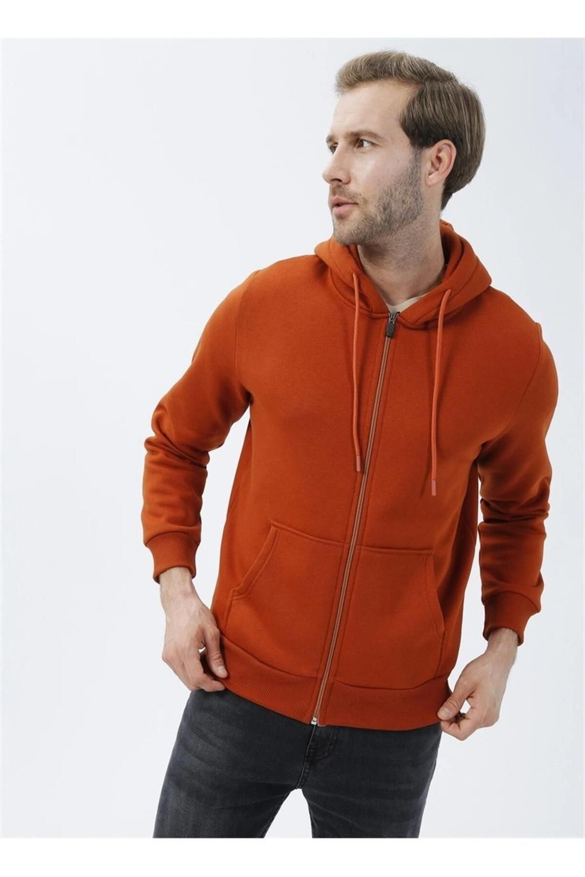 Süvari Kapüşonlu Fermuarlı Yaka Regular Kalıp Düz Kiremit Sweatsh