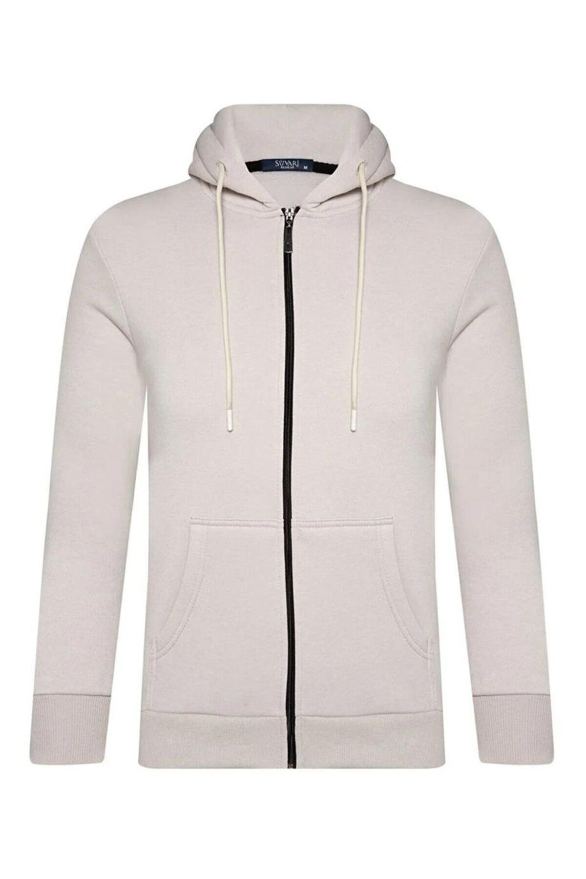 Süvari Kapüşonlu Fermuarlı Yaka Regular Kalıp Düz Beyaz Sweatshir