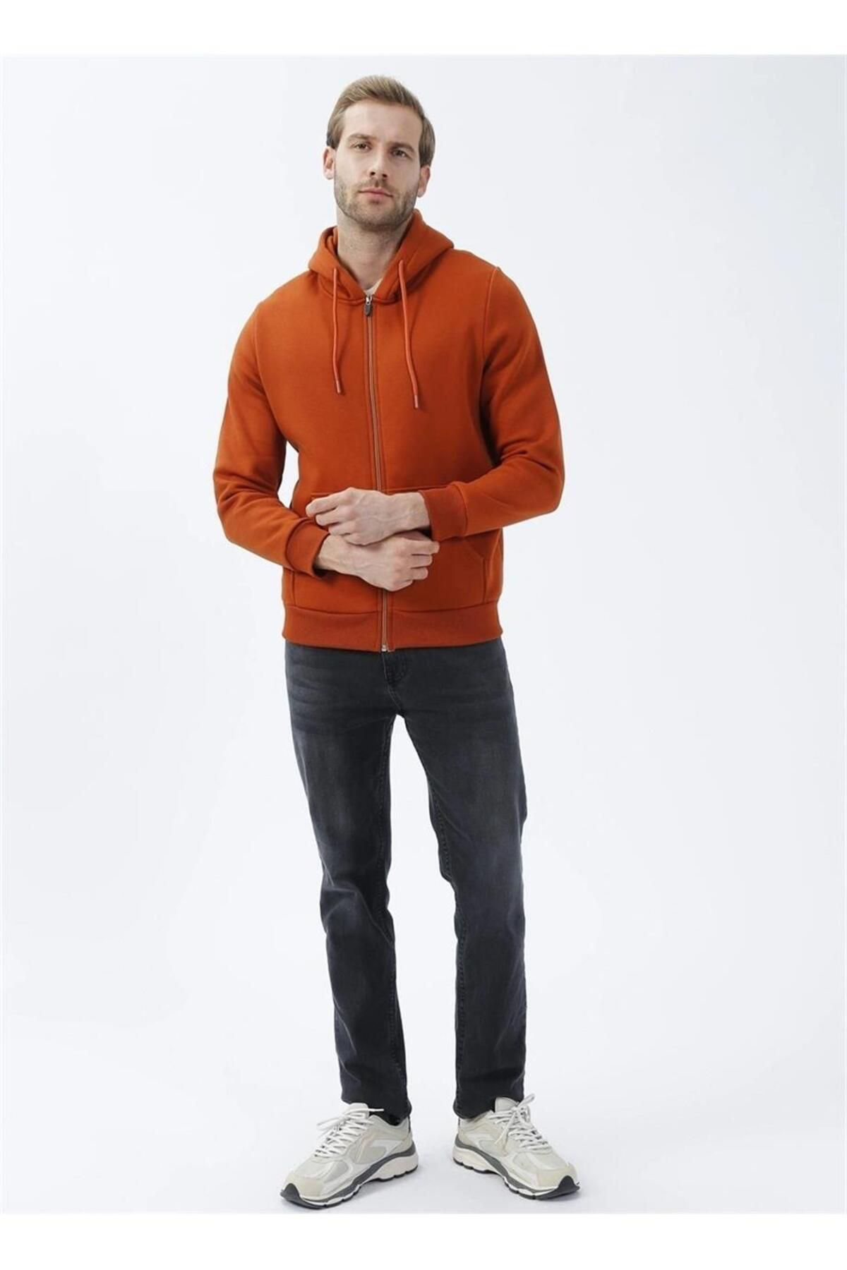 Süvari Kapüşonlu Fermuarlı Yaka Regular Kalıp Düz Kiremit Sweatsh