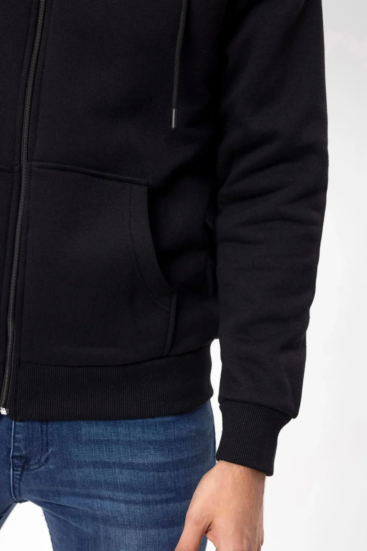 Süvari Kapüşonlu Fermuarlı Yaka Regular Kalıp Düz Siyah Sweatshirt