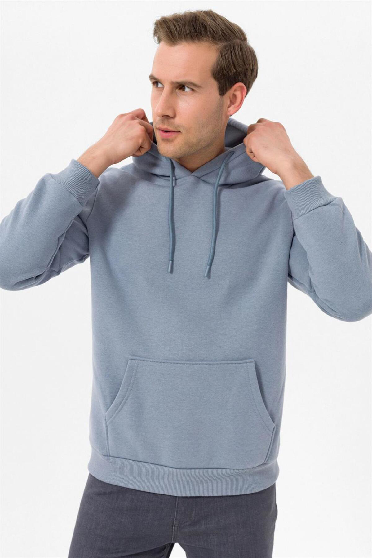 Rahat Kalıp Düz Açık Mavi 3 İplik Yumuşak Dokulu Sweatshirt