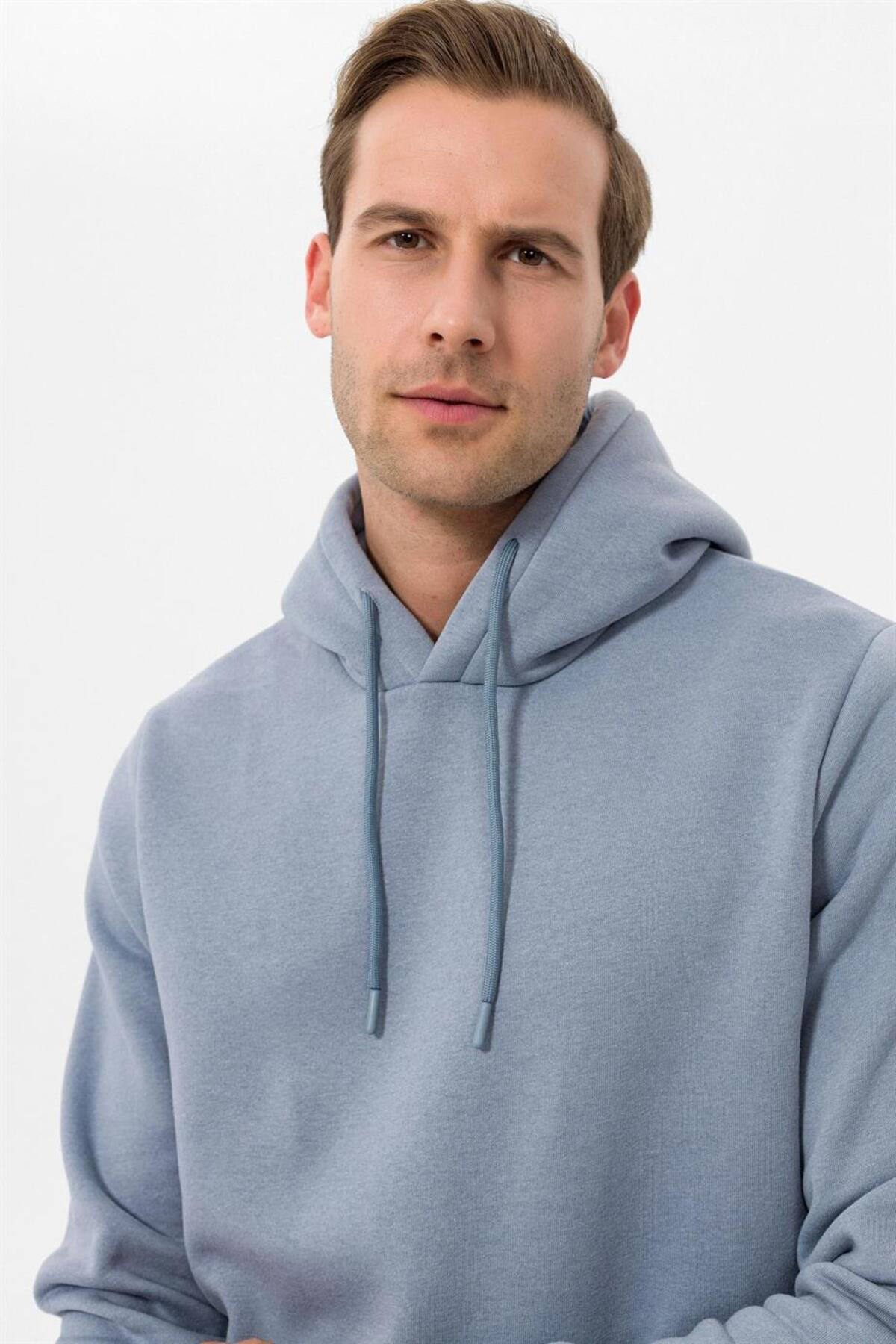Rahat Kalıp Düz Açık Mavi 3 İplik Yumuşak Dokulu Sweatshirt