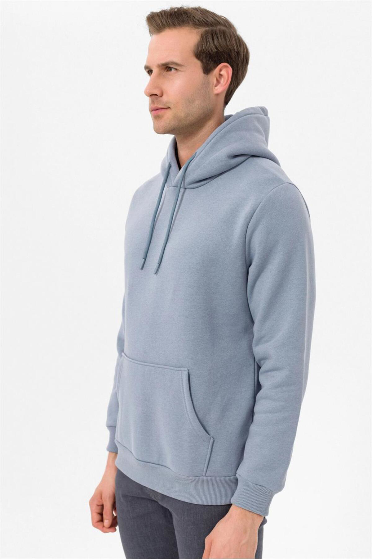 Rahat Kalıp Düz Açık Mavi 3 İplik Yumuşak Dokulu Sweatshirt