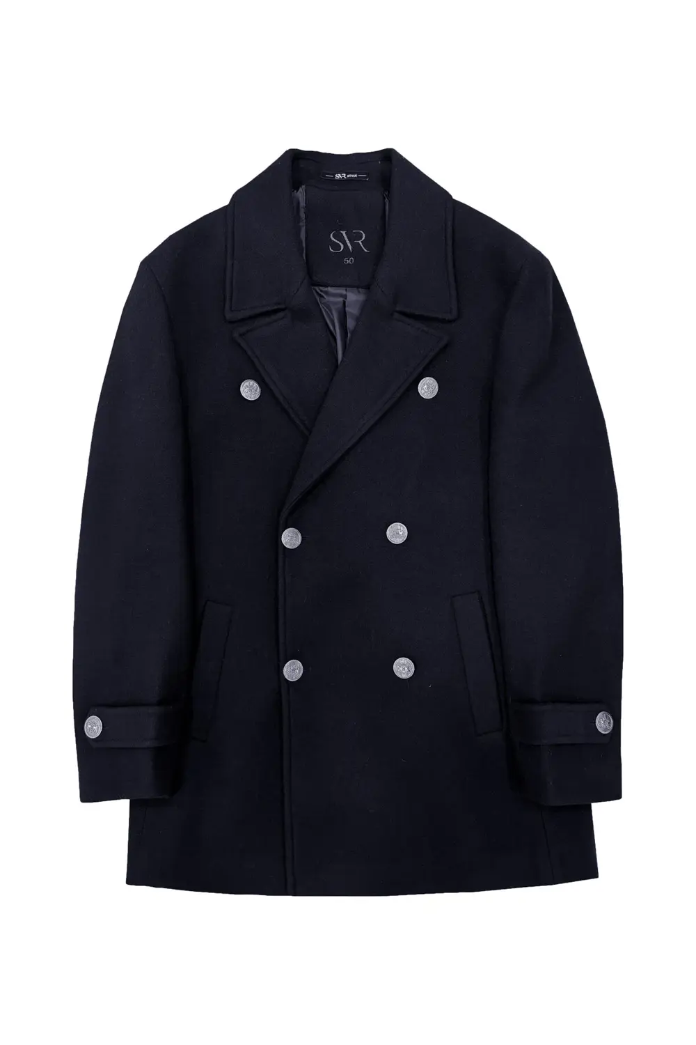 Süvari Lacivert Kruvaze Çelik Düğme Dar Kesim Kaban