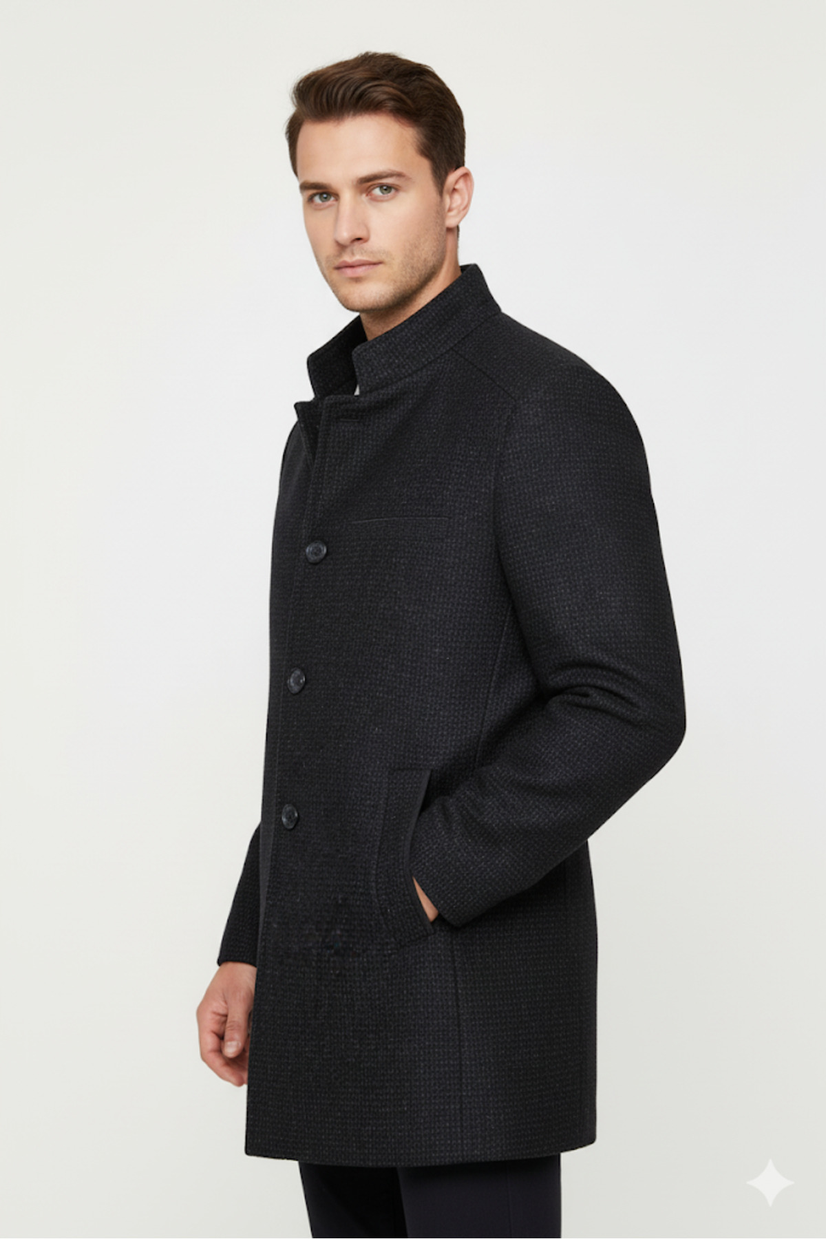 Süvari Süvari Rahat Kalıp Armürlü Yünlü Lacivert Hakim Yaka Erkek Kaban