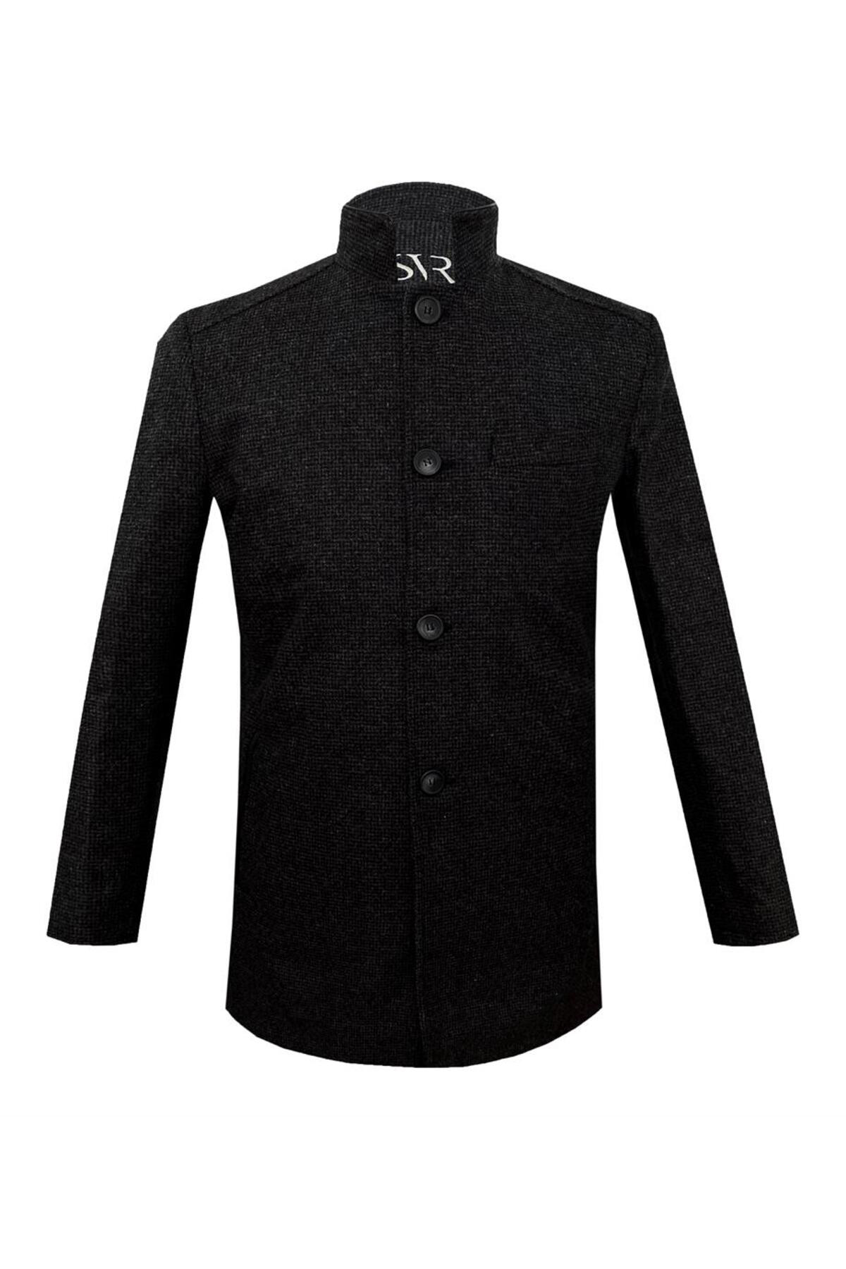 Süvari Süvari Rahat Kalıp Hakim Yaka Armürlü Yünlü Siyah Kaban