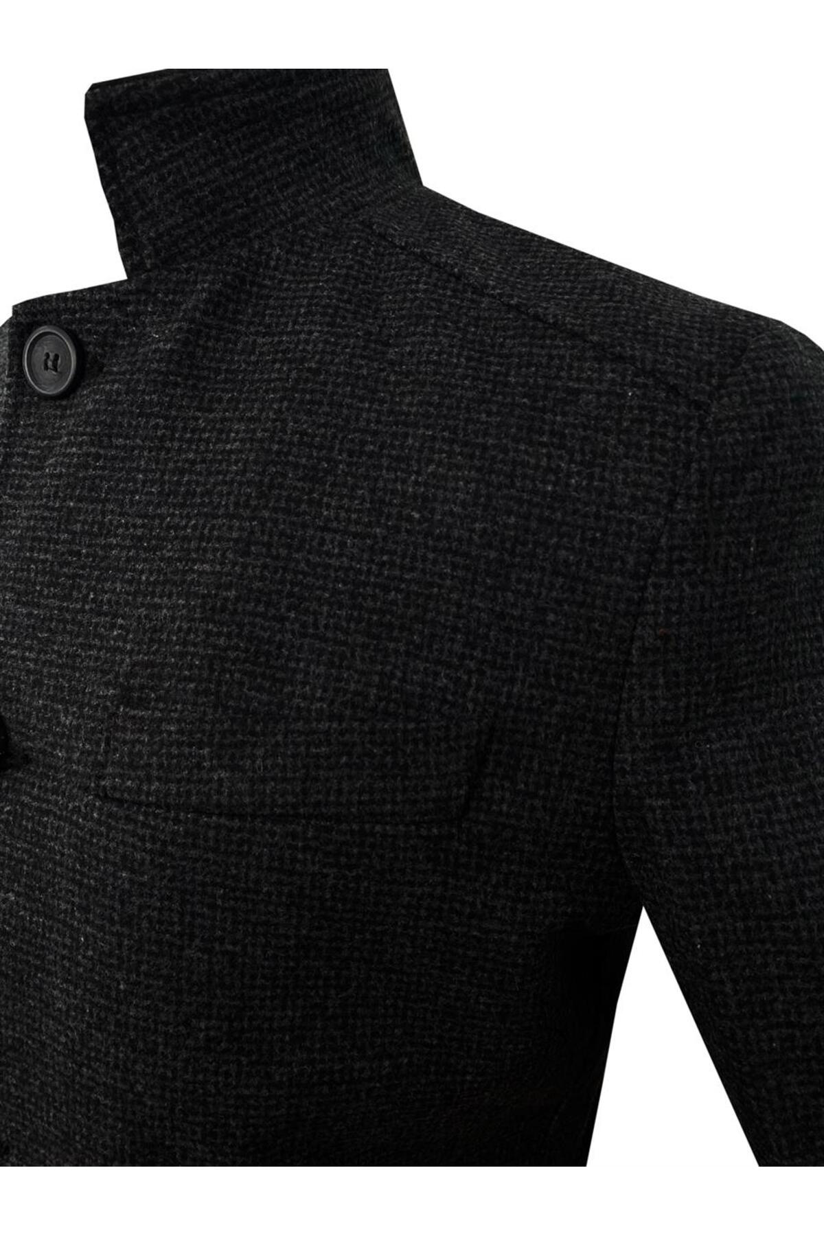 Süvari Süvari Rahat Kalıp Hakim Yaka Armürlü Yünlü Siyah Kaban