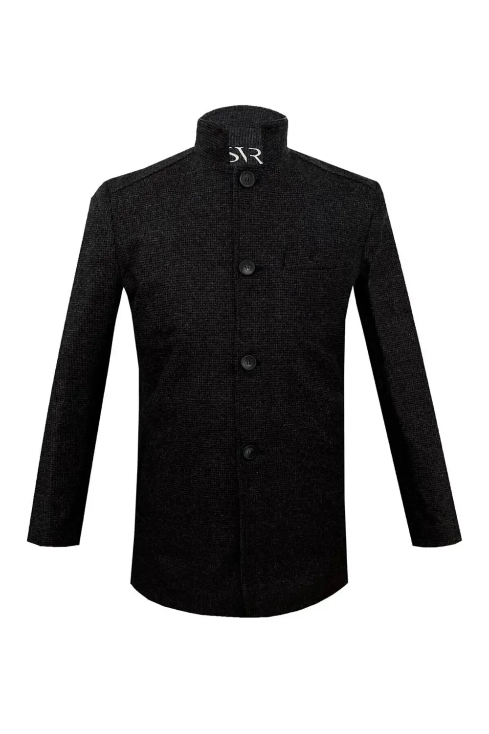 Süvari Rahat Kalıp Hakim Yaka Armürlü Yünlü Siyah Kaban