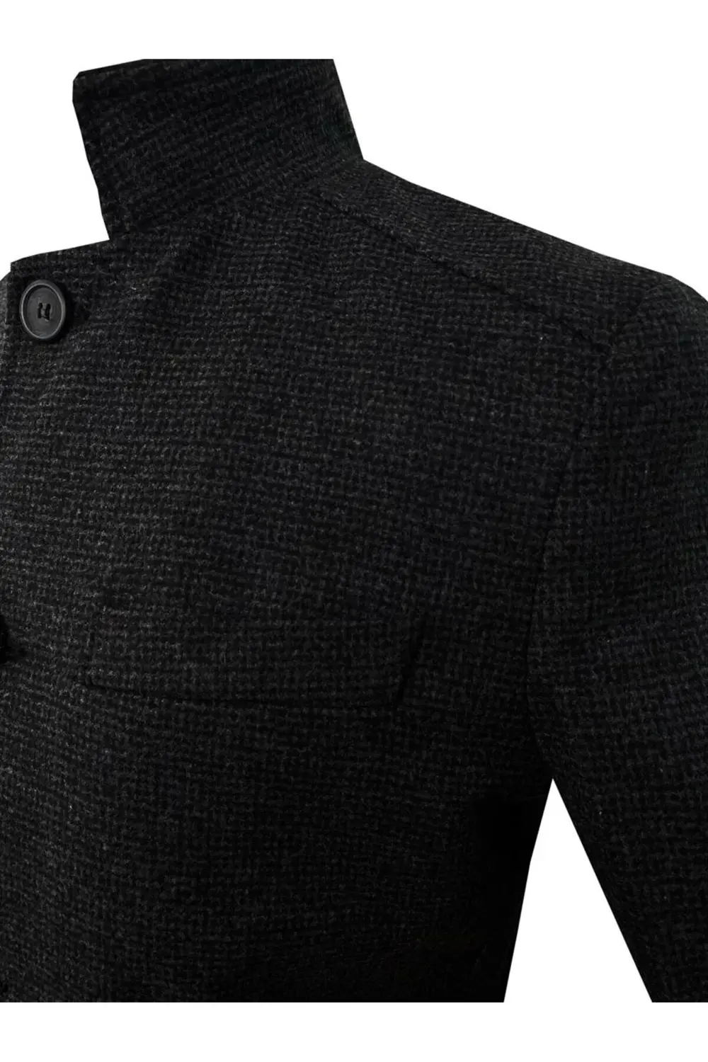 Süvari Rahat Kalıp Hakim Yaka Armürlü Yünlü Siyah Kaban