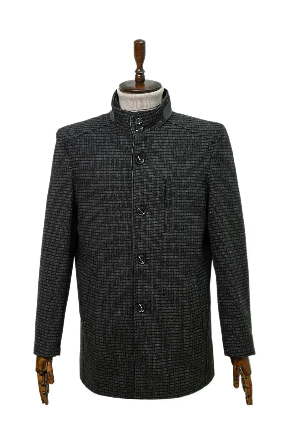 Süvari Rahat Kalıp Hakim Yaka Kareli Yünlü Siyah Kaban