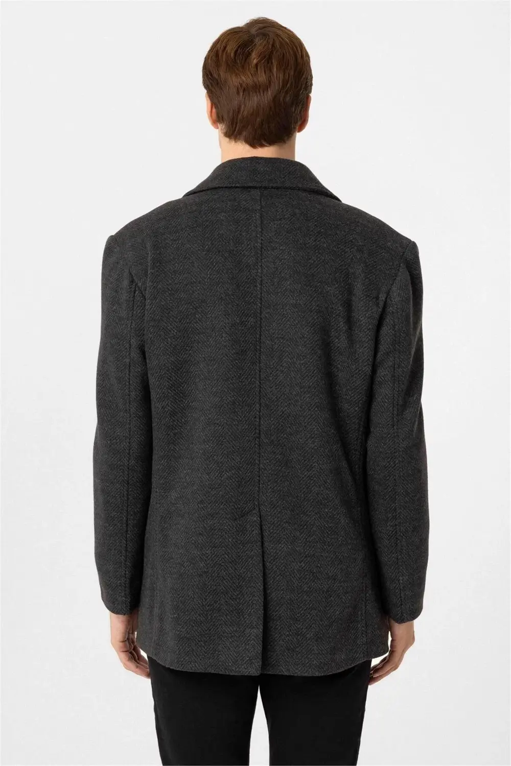 Süvari Slim Balıksırtı Desenli Gri Kruvaze Erkek Kaban