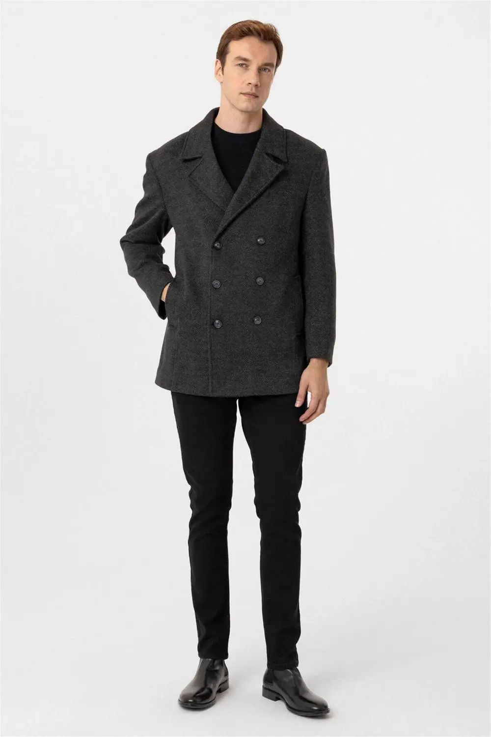 Süvari Slim Balıksırtı Desenli Gri Kruvaze Erkek Kaban