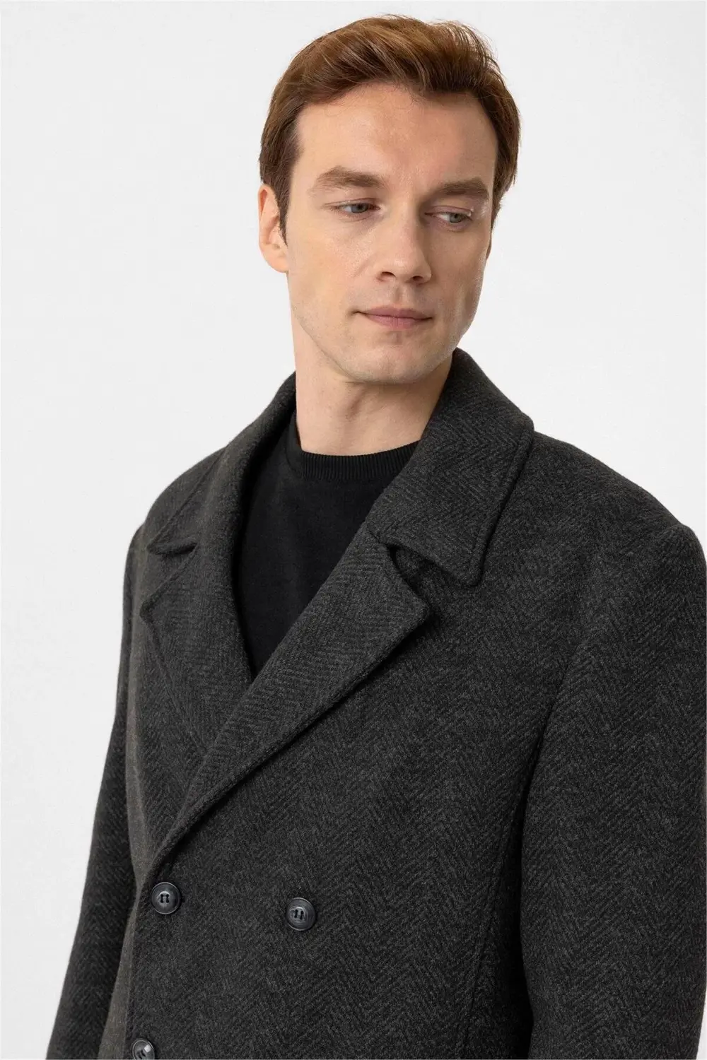 Süvari Slim Balıksırtı Desenli Gri Kruvaze Erkek Kaban