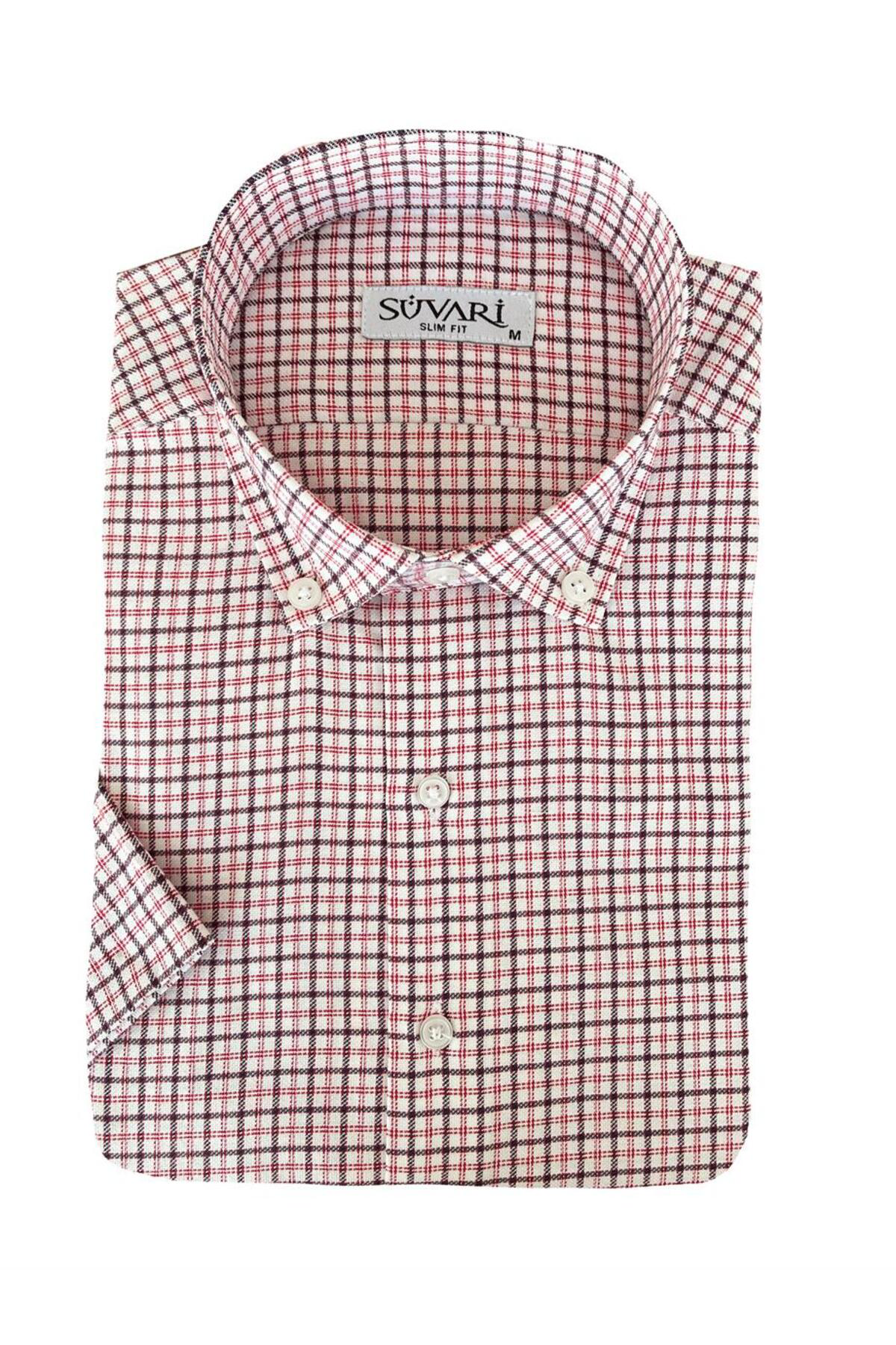 Süvari Süvari Slim Fit Kısa Kol Çizgili Kırmızı Gömlek