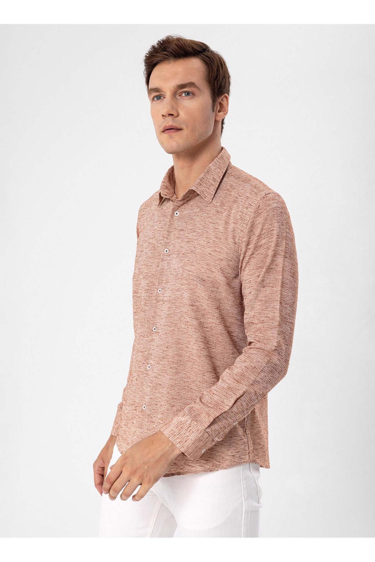 Süvari Slim Fit Klasik Yaka Armürlü Kiremit Erkek Gömlek GM202470