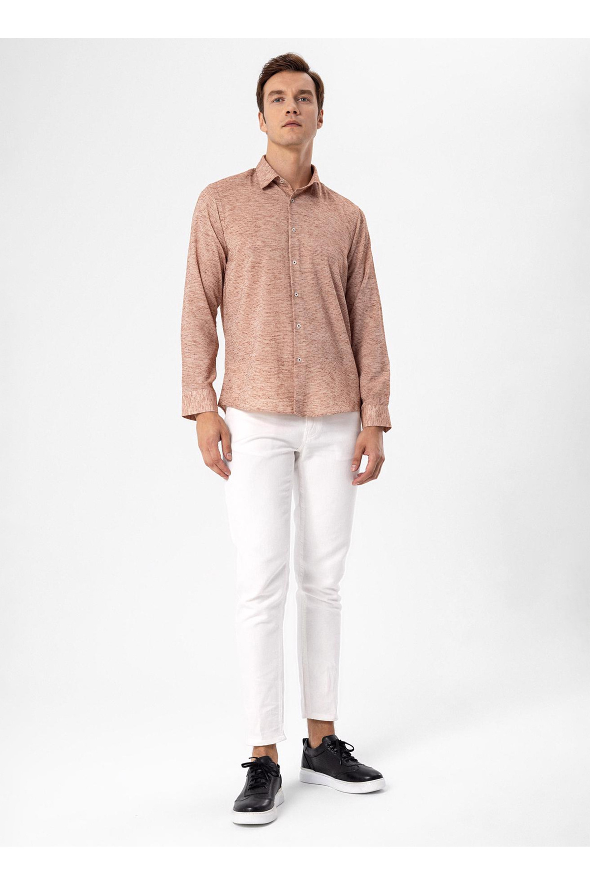 Süvari Slim Fit Klasik Yaka Armürlü Kiremit Erkek Gömlek GM202470