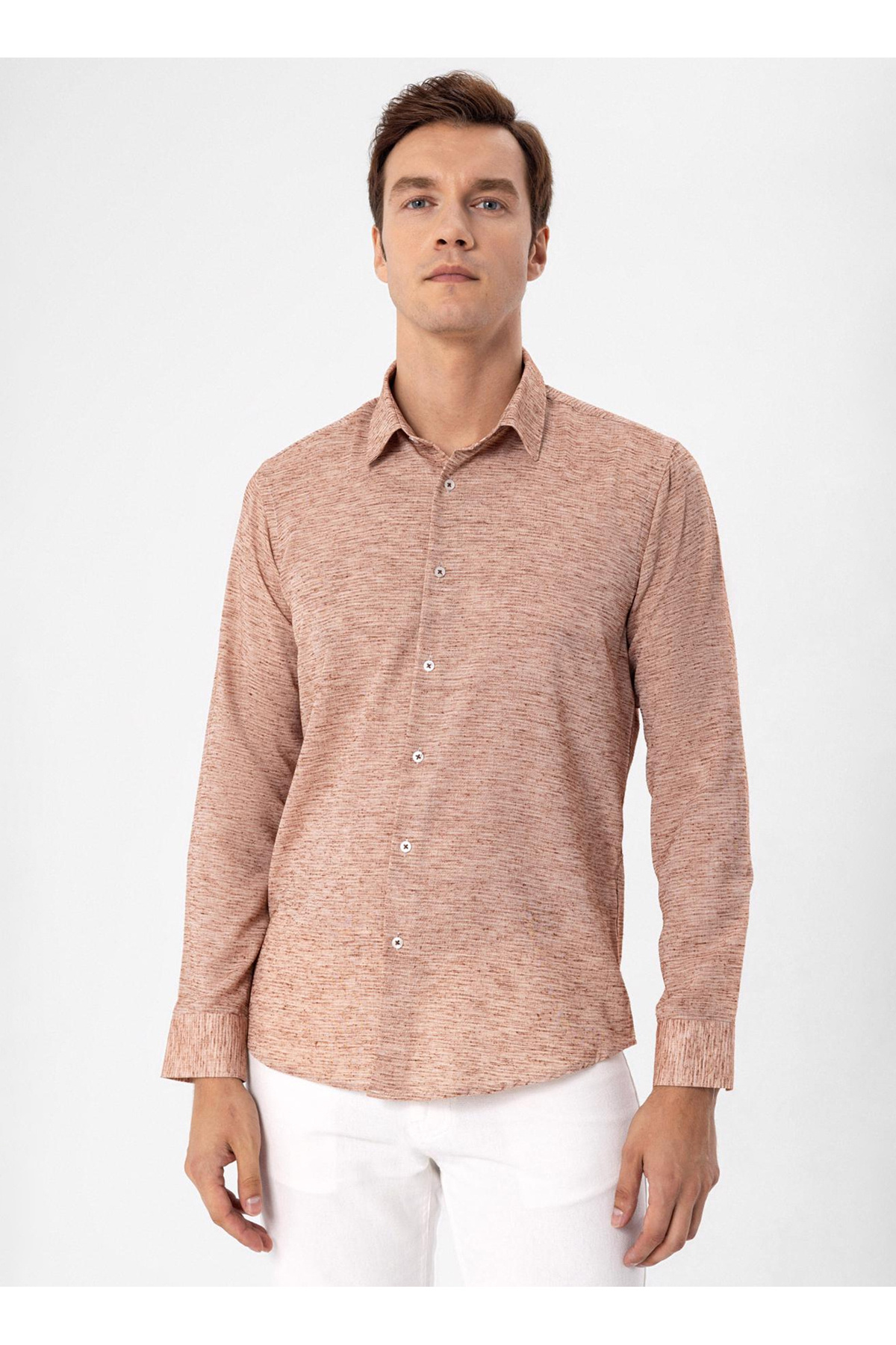 Süvari Slim Fit Klasik Yaka Armürlü Kiremit Erkek Gömlek GM202470