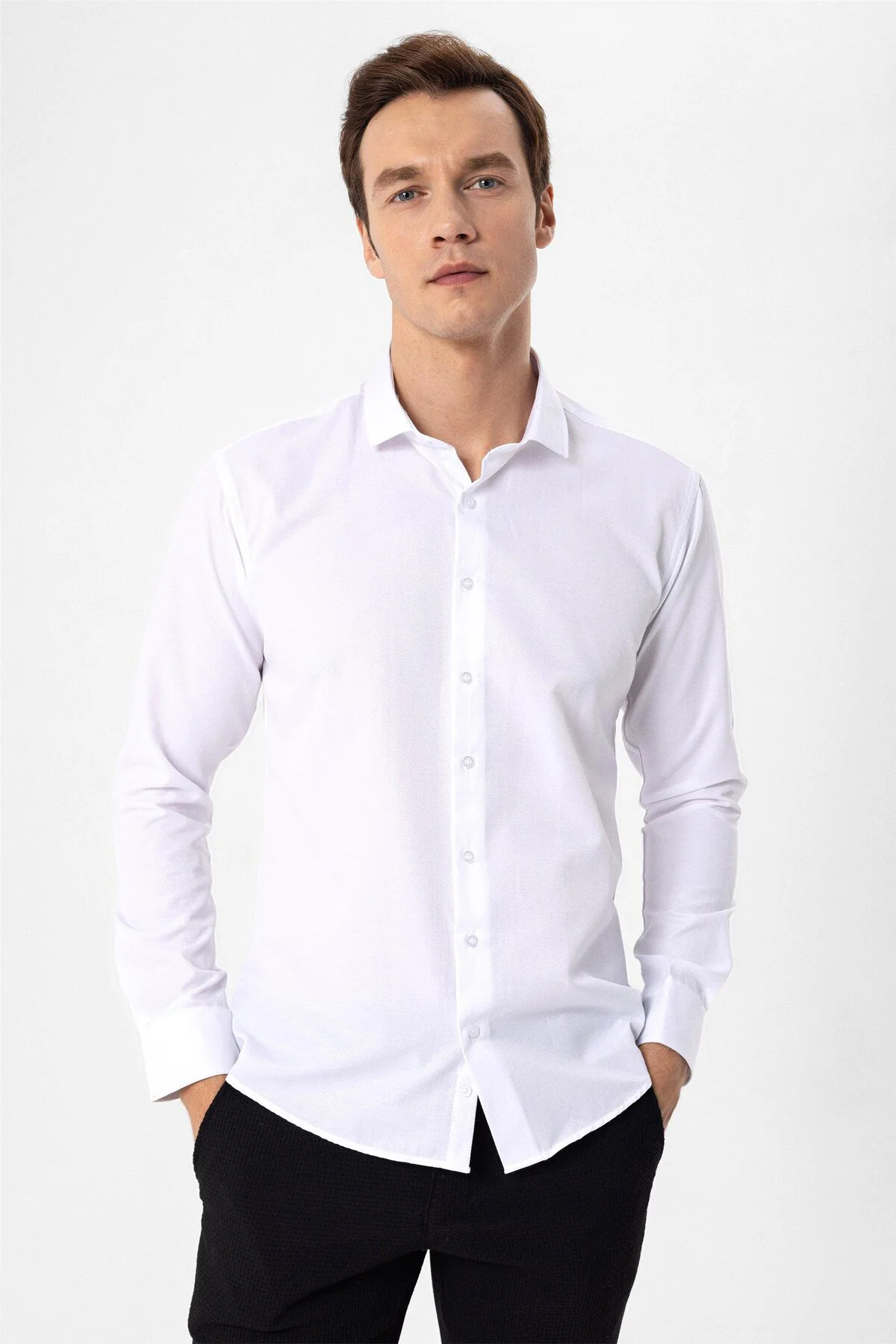 Süvari Slim Fit Mikro Desenli Kolay Ütü Teri Emen Nefes Alan Kravat Yaka Dört Mevsim Erkek Gömlek