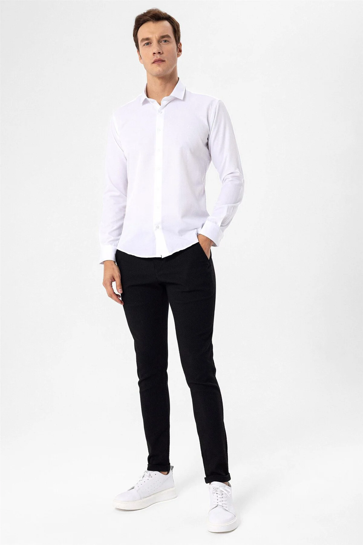 Süvari Slim Fit Mikro Desenli Kolay Ütü Teri Emen Nefes Alan Kravat Yaka Dört Mevsim Erkek Gömlek