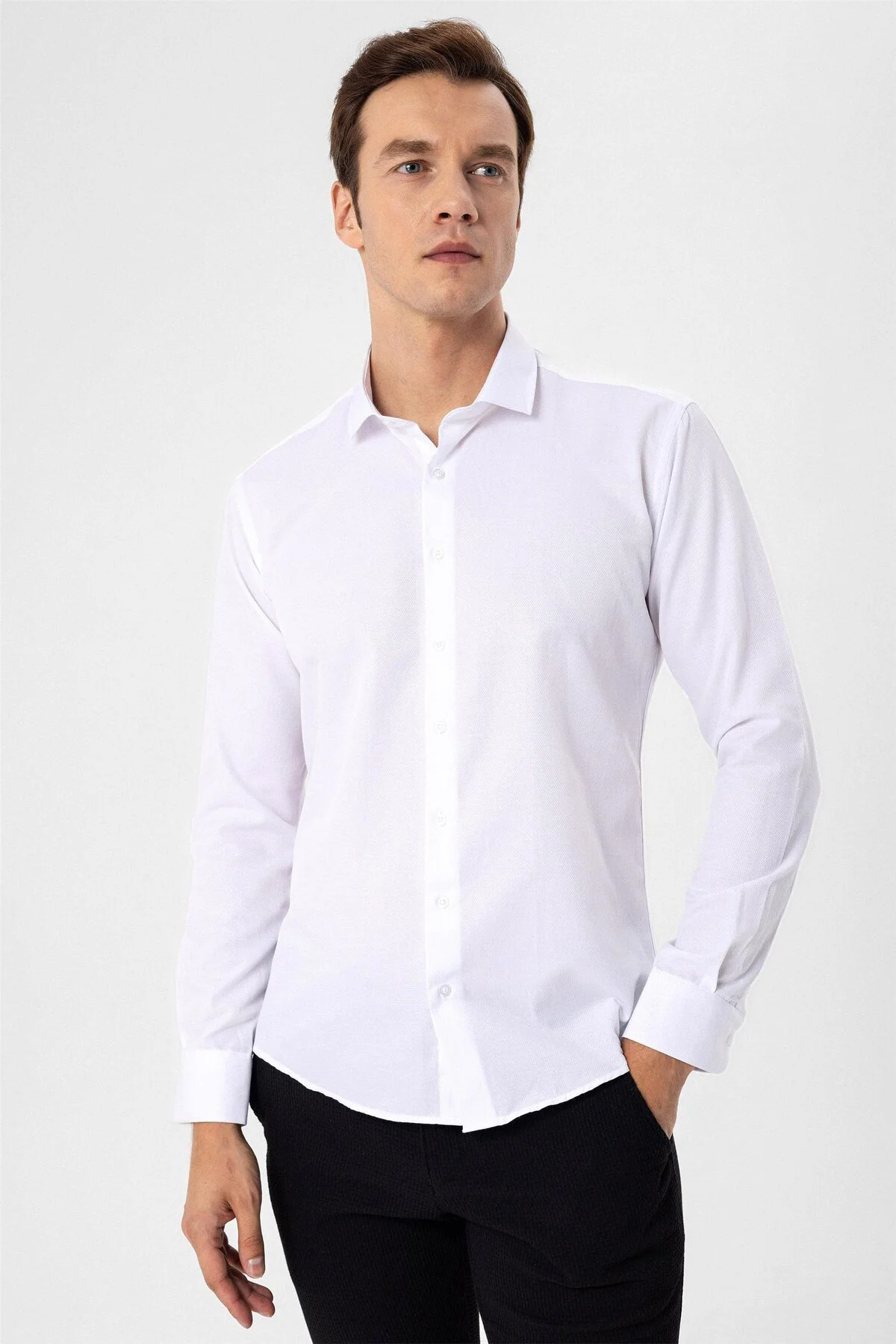 Süvari Slim Fit Mikro Desenli Kolay Ütü Teri Emen Nefes Alan Kravat Yaka Dört Mevsim Erkek Gömlek