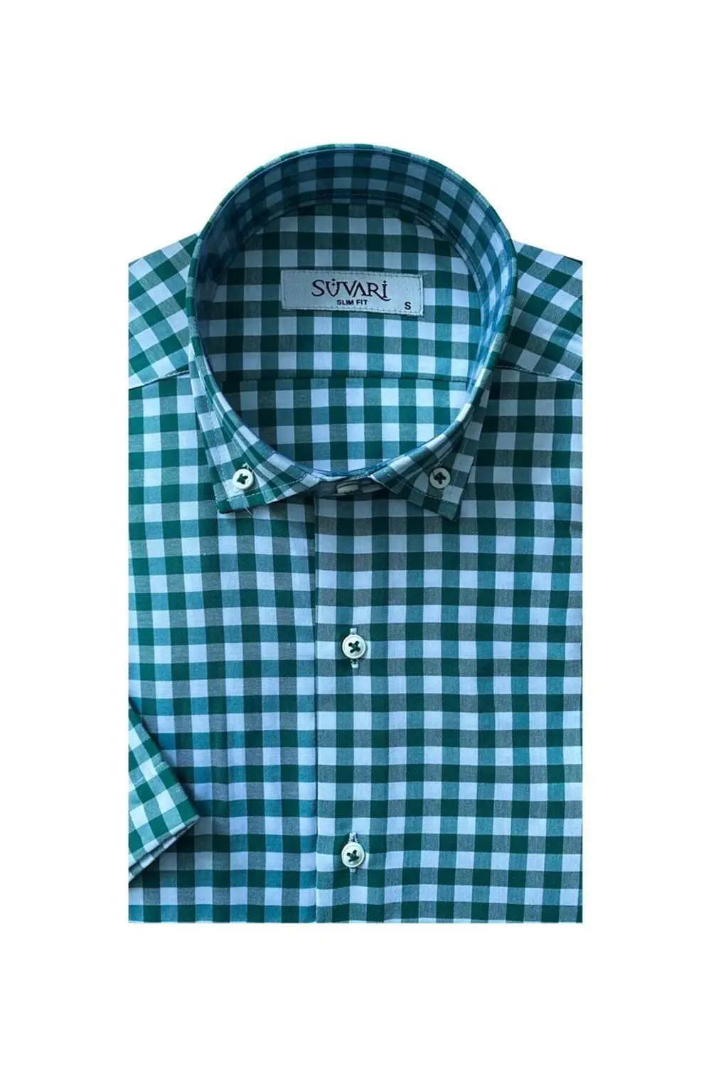 Süvari Slim Fit Yeşil Kareli Kısa Kollu Erkek Gömlek