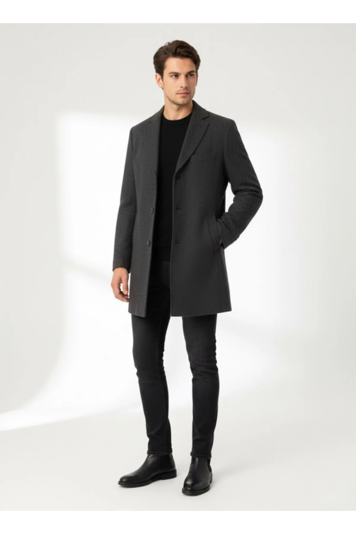 Süvari Slim Fit Yünlü Sivri Yaka Antrasit Erkek Kaban