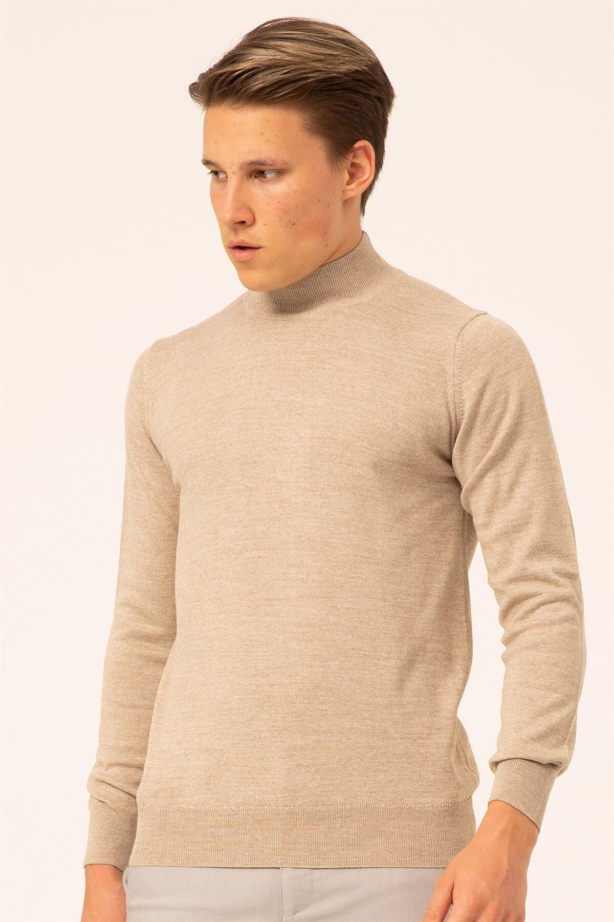 Süvari Süvari Yün Akrilik Düz Yarım Balıkçı Bej Erkek Triko