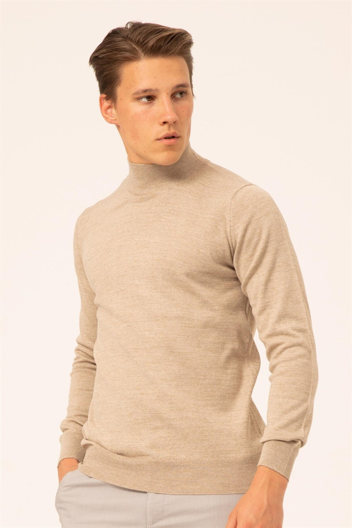 Süvari Süvari Yün Akrilik Düz Yarım Balıkçı Bej Erkek Triko