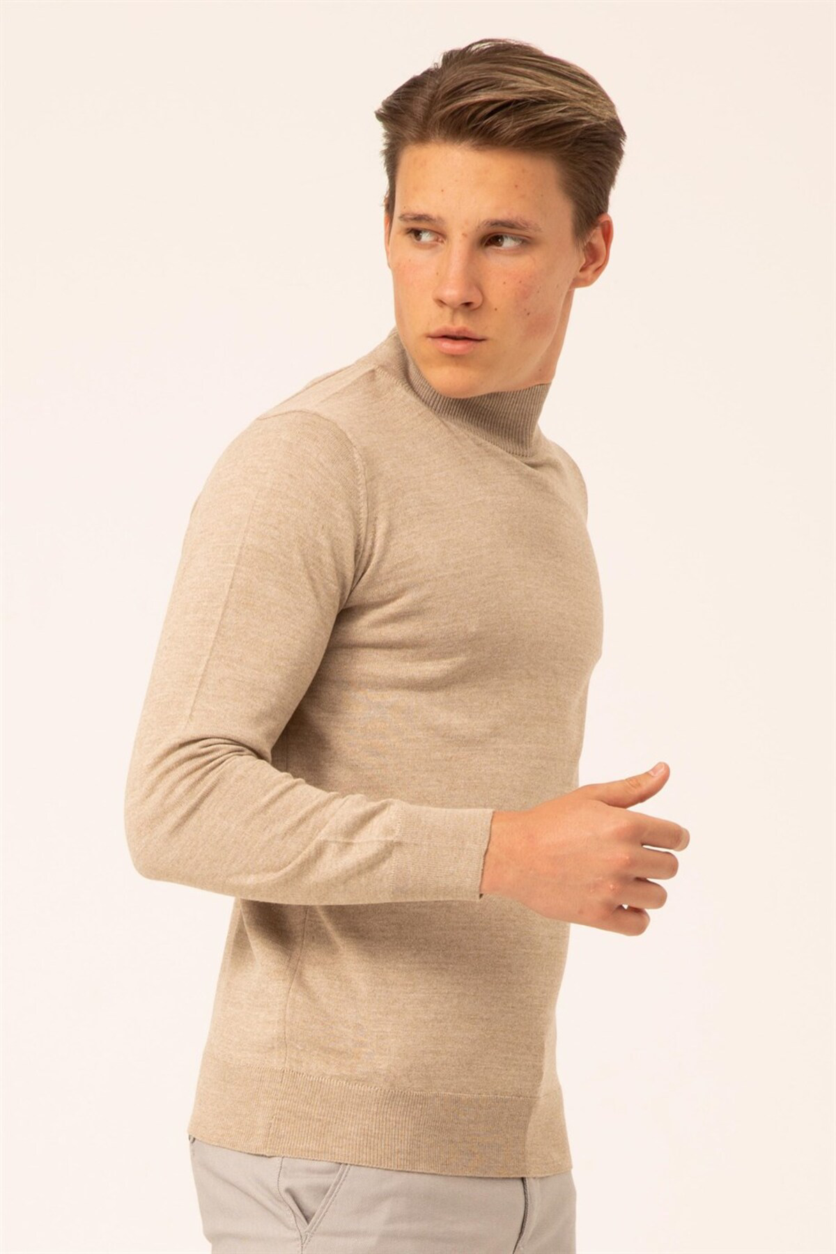 Süvari Süvari Yün Akrilik Düz Yarım Balıkçı Bej Erkek Triko