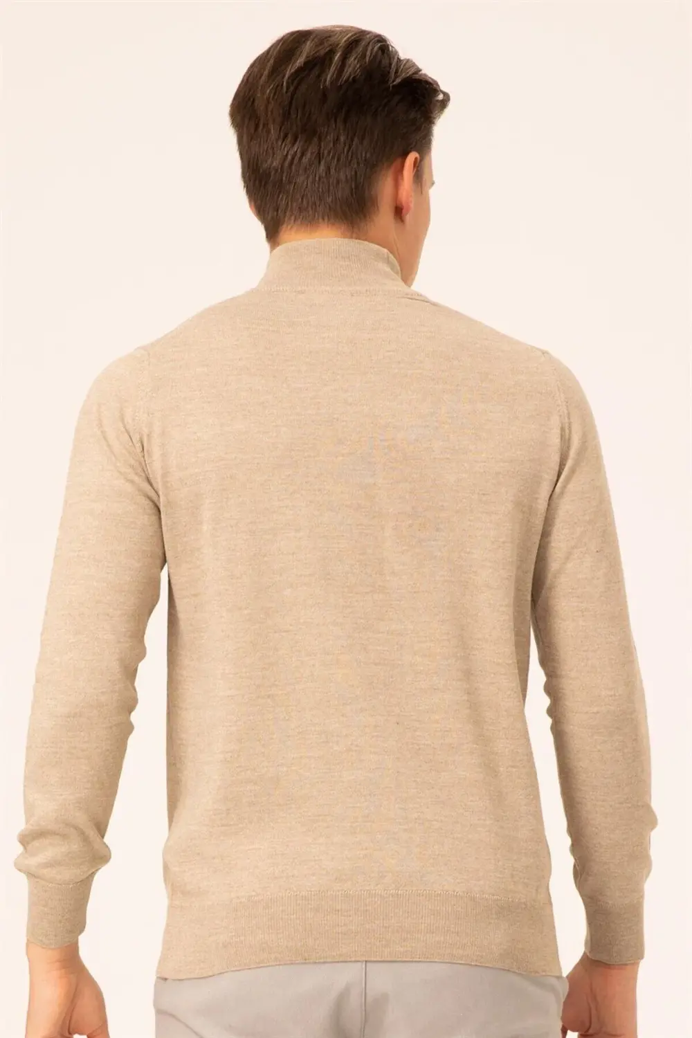 Süvari Yün Akrilik Düz Yarım Balıkçı Bej Erkek Triko