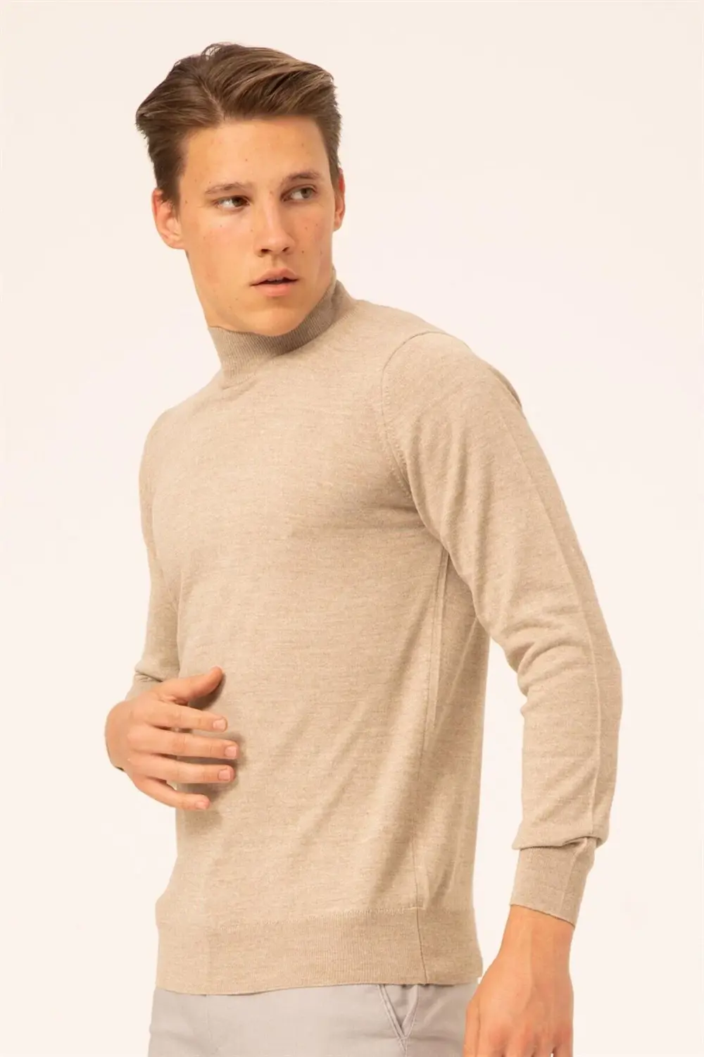 Süvari Yün Akrilik Düz Yarım Balıkçı Bej Erkek Triko