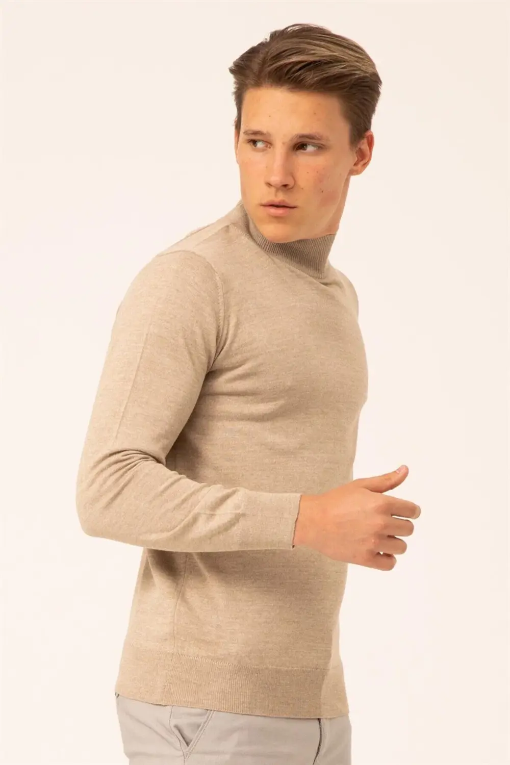 Süvari Yün Akrilik Düz Yarım Balıkçı Bej Erkek Triko