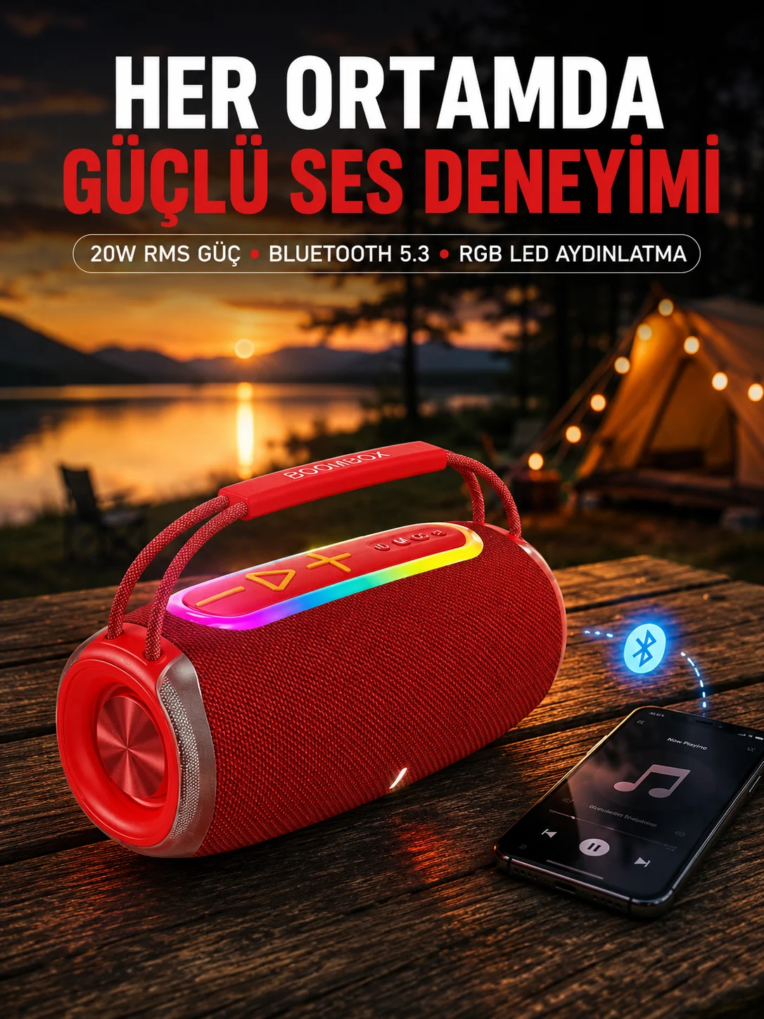 Suya Dayanıklı 20W RGB Hoparlör Bluetooth, USB, SD Kart ve AUX Girişli Suya Dayanıklı 20W RGB Hoparlör Bluetooth, USB, SD Kart ve AUX Girişli