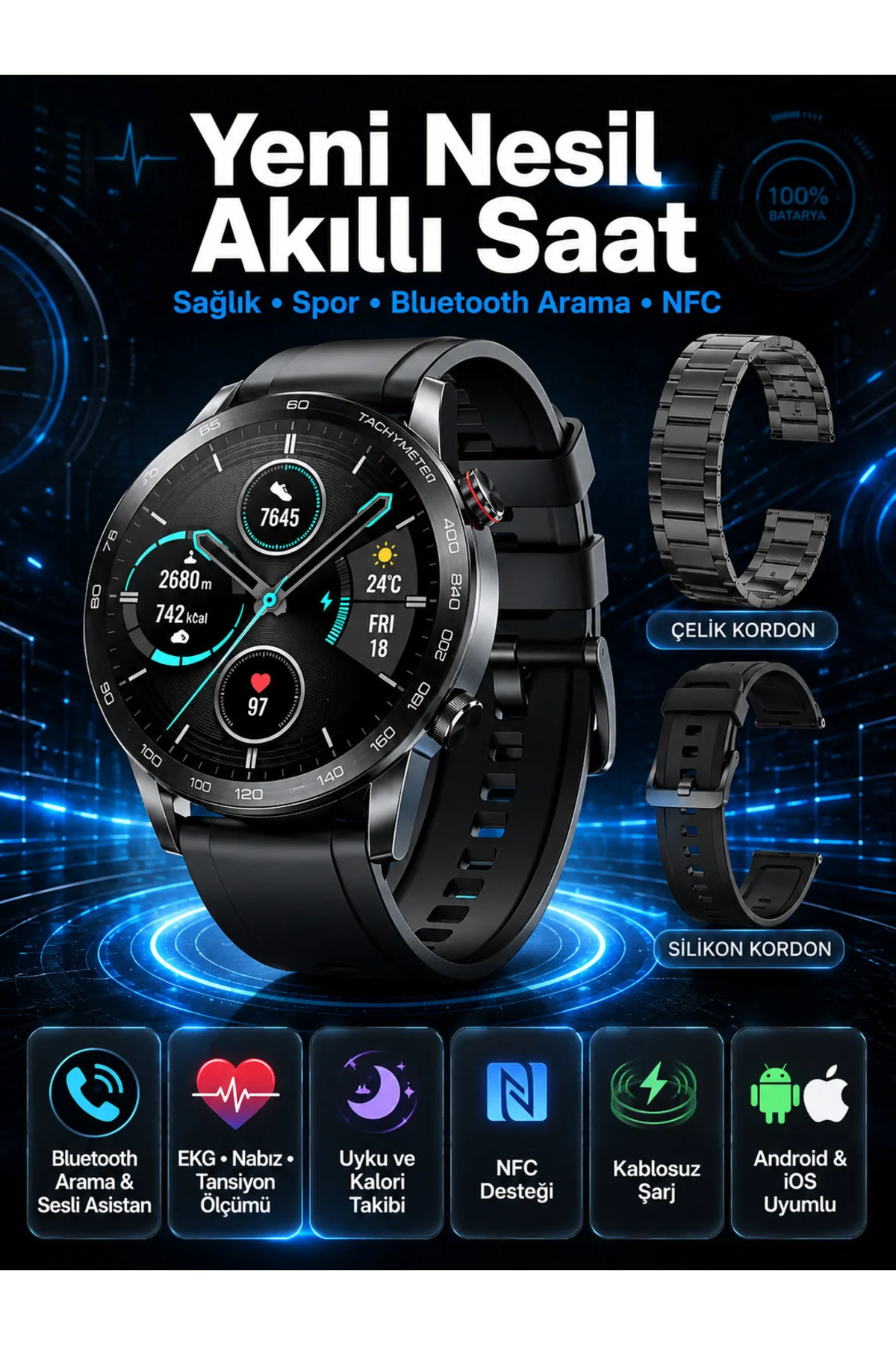 Suya Dayanıklı Dokunmatik Akıllı Saat Bluetooth 5.0, Sesli Asistan ve Sağlık Takibi Suya Dayanıklı Dokunmatik Akıllı Saat Bluetooth 5.0, Sesli Asistan ve Sağlık Takibi
