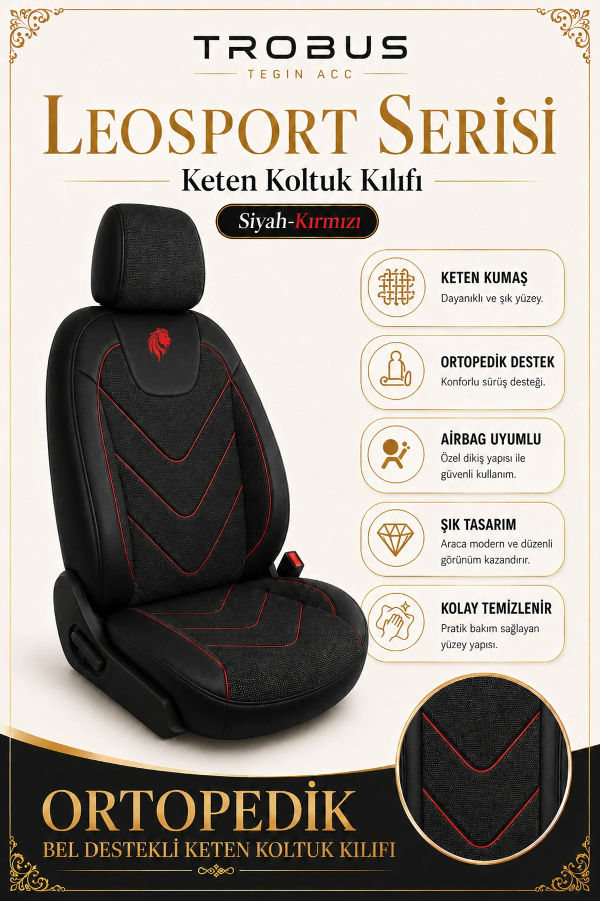 Suzuki Swift 2005 Sonrası Uyumlu LeoSport Serisi Siyah Kırmızı Ortopedik Keten Koltuk Kılıfı