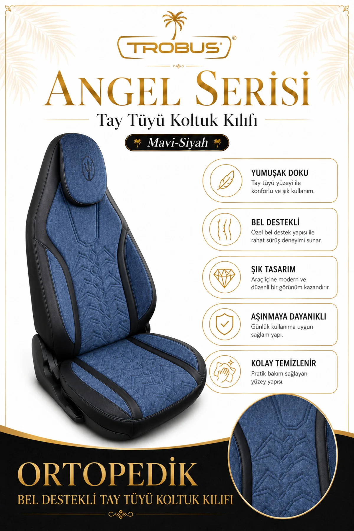 Suzuki Swift 2005 ve Sonrası Uyumlu Angel Serisi Tay Tüyü Koltuk Kılıfı Mavi Siyah