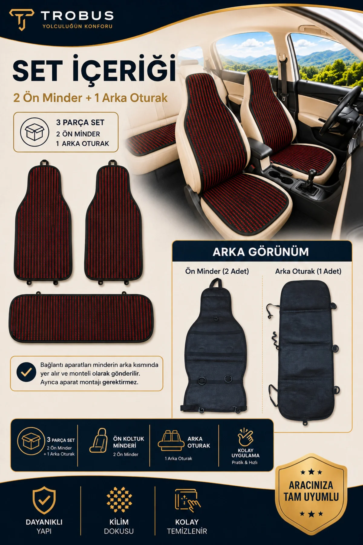 Suzuki Swift 2005 ve Sonrası Uyumlu Örme Kilim 3 Parça Minder Siyah Kırmızı