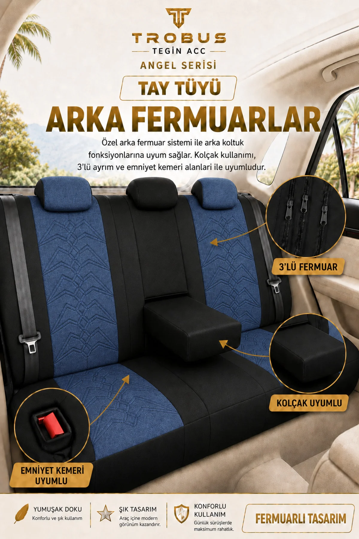 Suzuki Swift 2005 ve Sonrası Uyumlu Angel Serisi Tay Tüyü Koltuk Kılıfı Mavi Siyah