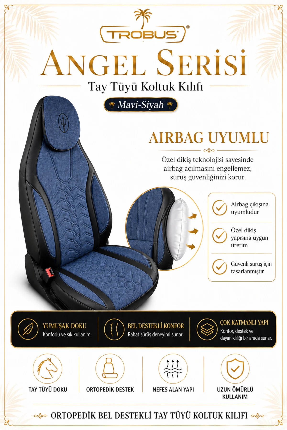 Suzuki Swift 2005 ve Sonrası Uyumlu Angel Serisi Tay Tüyü Koltuk Kılıfı Mavi Siyah