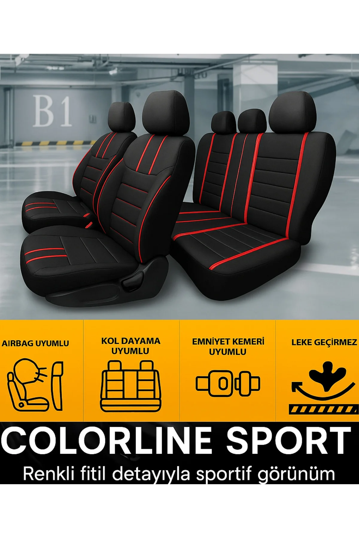 Suzuki Swift 2005 ve Sonrası Uyumlu Colorline Sport Deri Siyah - Kırmızı Koltuk Kılıfı